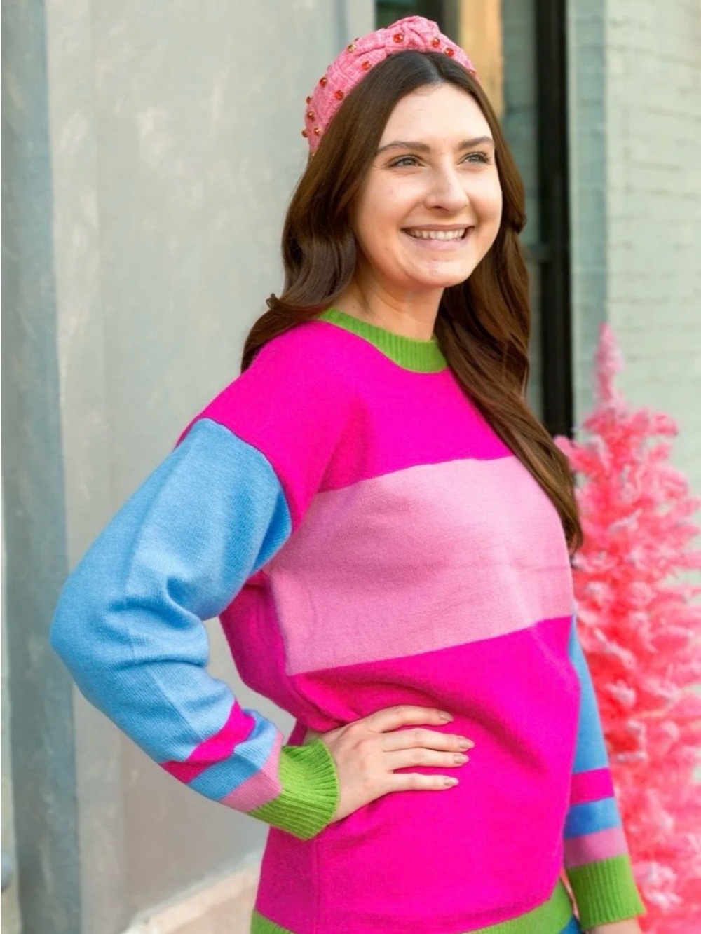 Colorblock Crewneck Sweater in Hot Pink with Blue and Green Trim